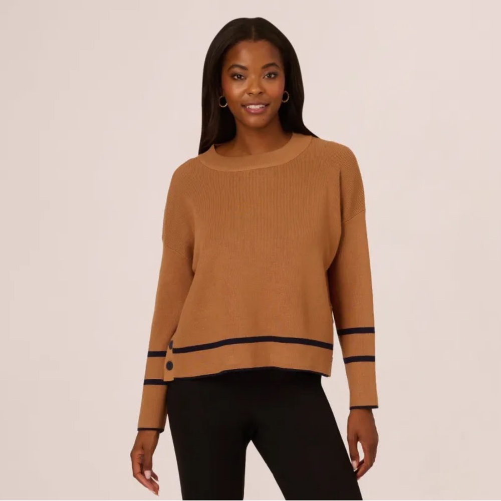 Adrianna Papell Camel Sweater with Navy Trim